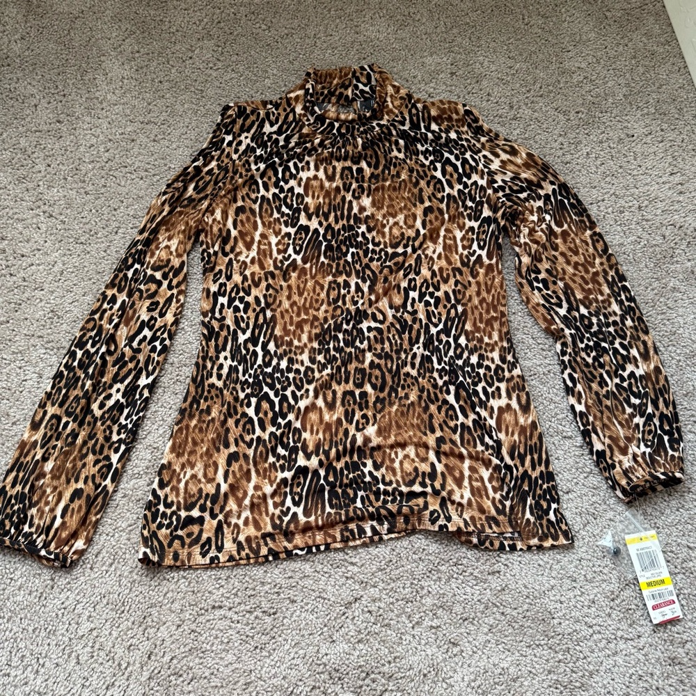 INC International Concepts Cold Shoulder Blouse Long Sleeve Leopard/Chee…